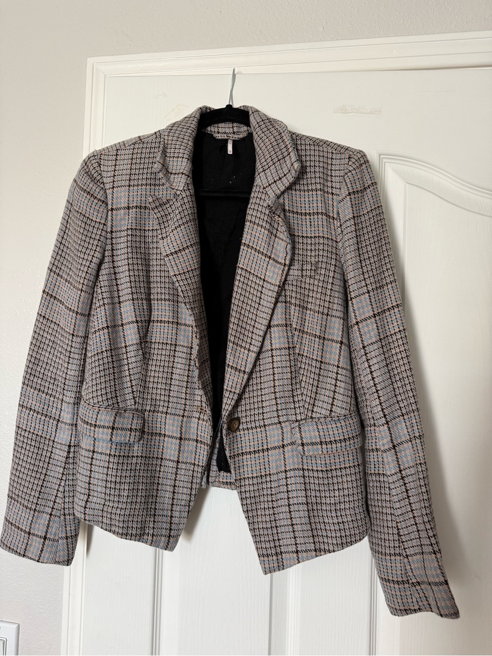 Free People Gray Plaid Blazer with Blue & Brown Accents